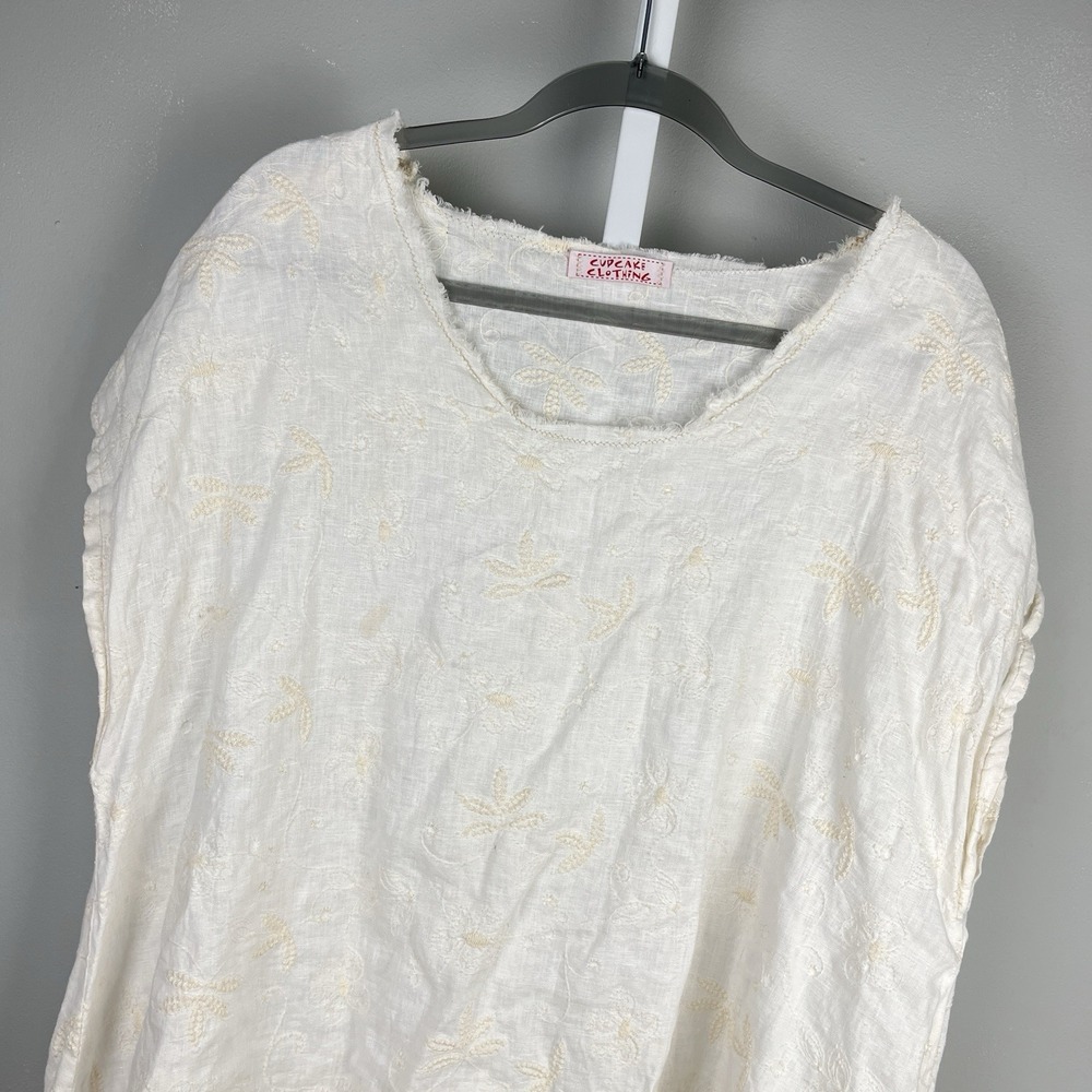 Cupcake‎ Clothing Linen Tunic Top O/S? White Floral Embroidered Lagenlook